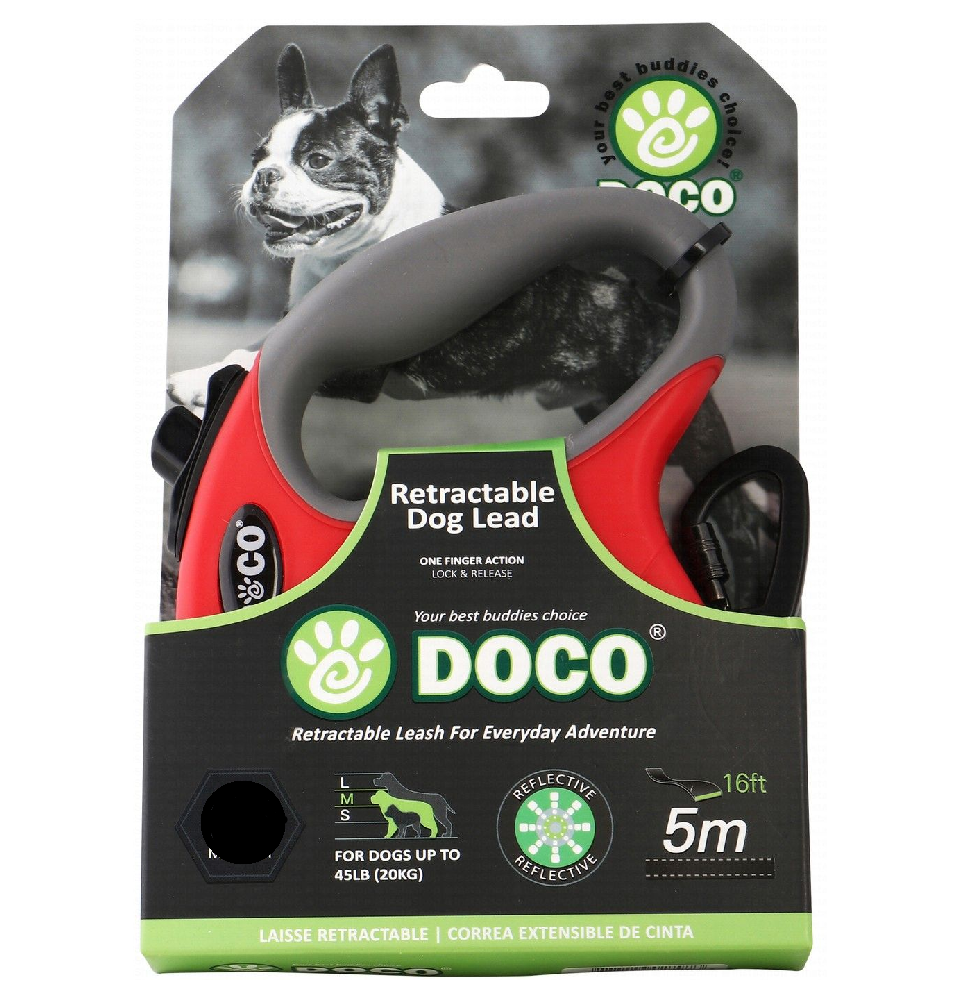 مقود دوكو صغير باللونين الأحمر والرمادي 4 أمتار عاكس وقابل للسحب للكلاب التي يصل وزنها إلى 10 كجم