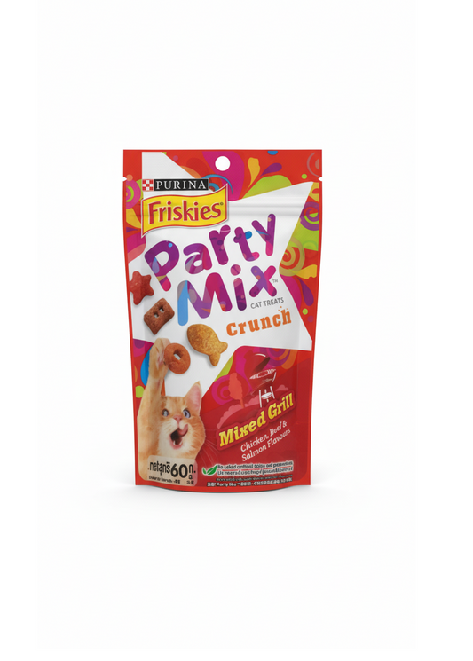 Purina friskies party mix crunch mixed grill chicken for beef and salmon flavours