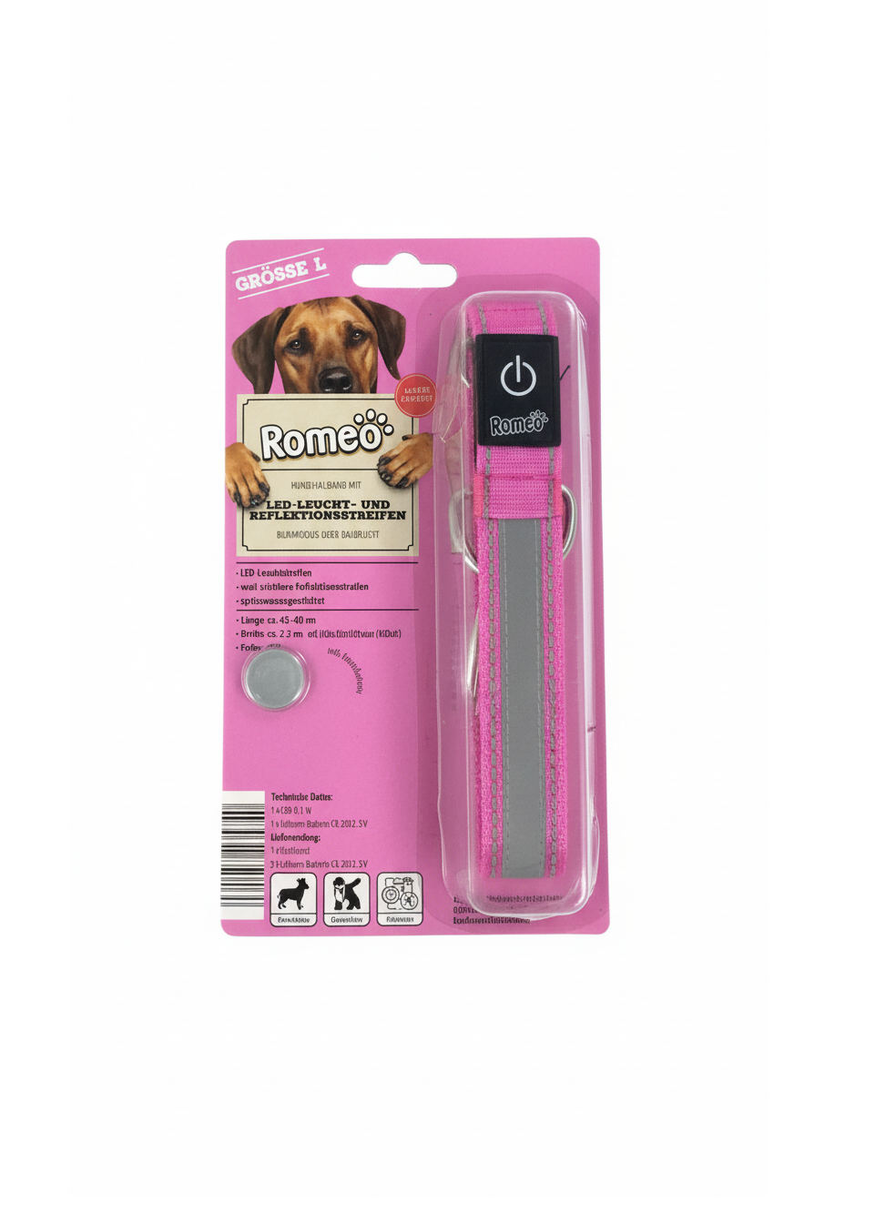 Romeo Dog collar with LED light and reflective strips, flashing mode or continuous light Size L