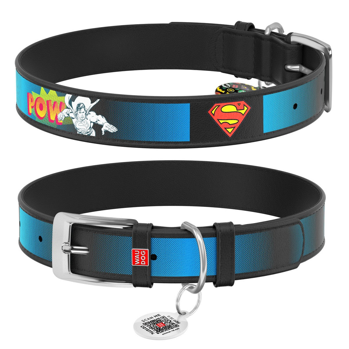 WAUDOG L Design Superman dog collar with QR passport 37 to 48 in 2.5 cm