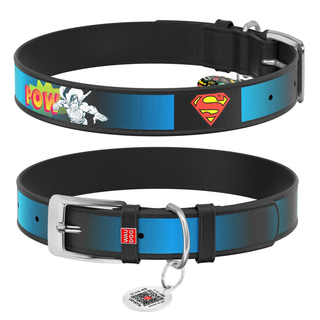 WAUDOG M Design Superman dog collar with QR passport 29 to 38 in 2 cm
