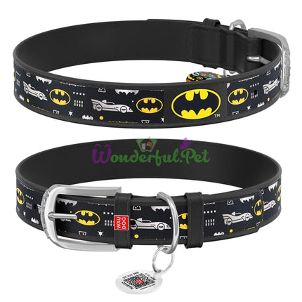 WauDog Large Black Batman Print Dog Collar 37 to 48 in 2.5cm