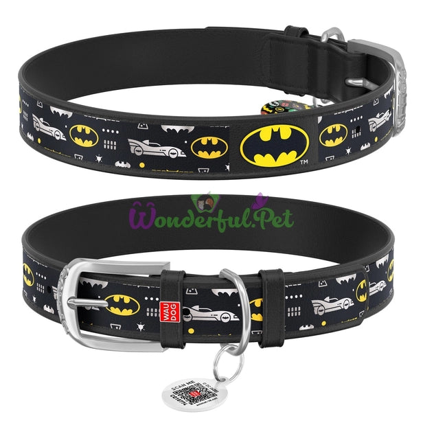 WauDog X Large Black Batman Print Dog Collar 44 to 58 in 3.5 cm