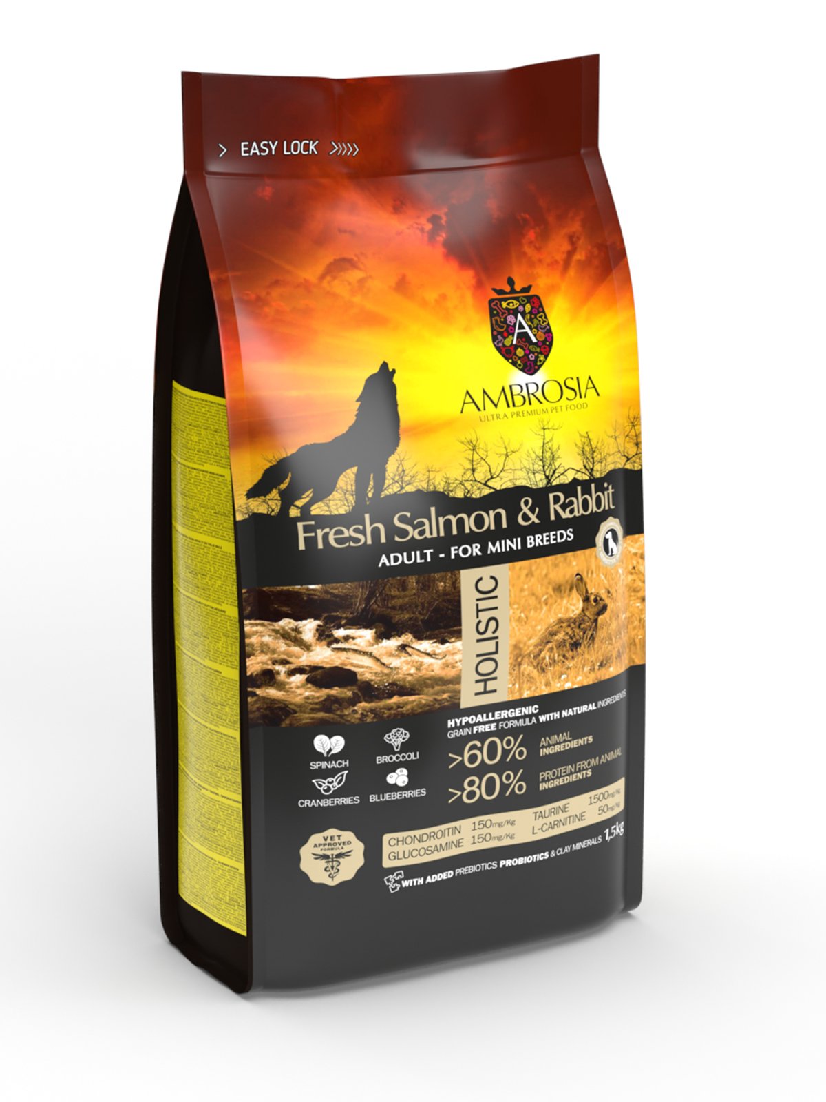 Ambrosia Dry Food with Salmon and Rabbit for Adult Dogs 1.5 kg