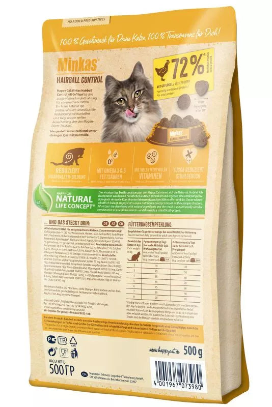 Happy Cat Minkas Hairball Control Dry Food with Chicken for Adult Cats 1.5 kg