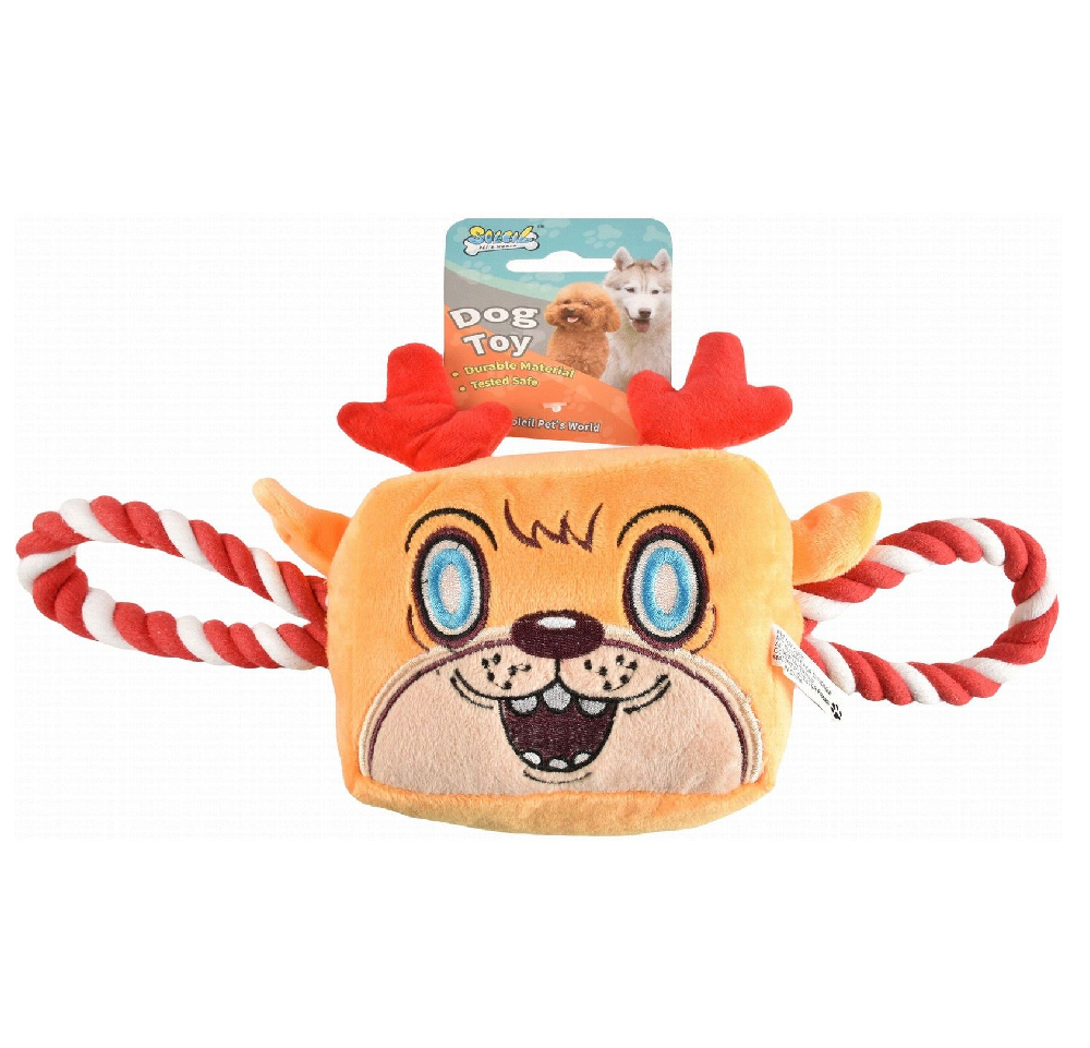 Soleil Orange and Red Reindeer Head Dog Tug Toy with Rope