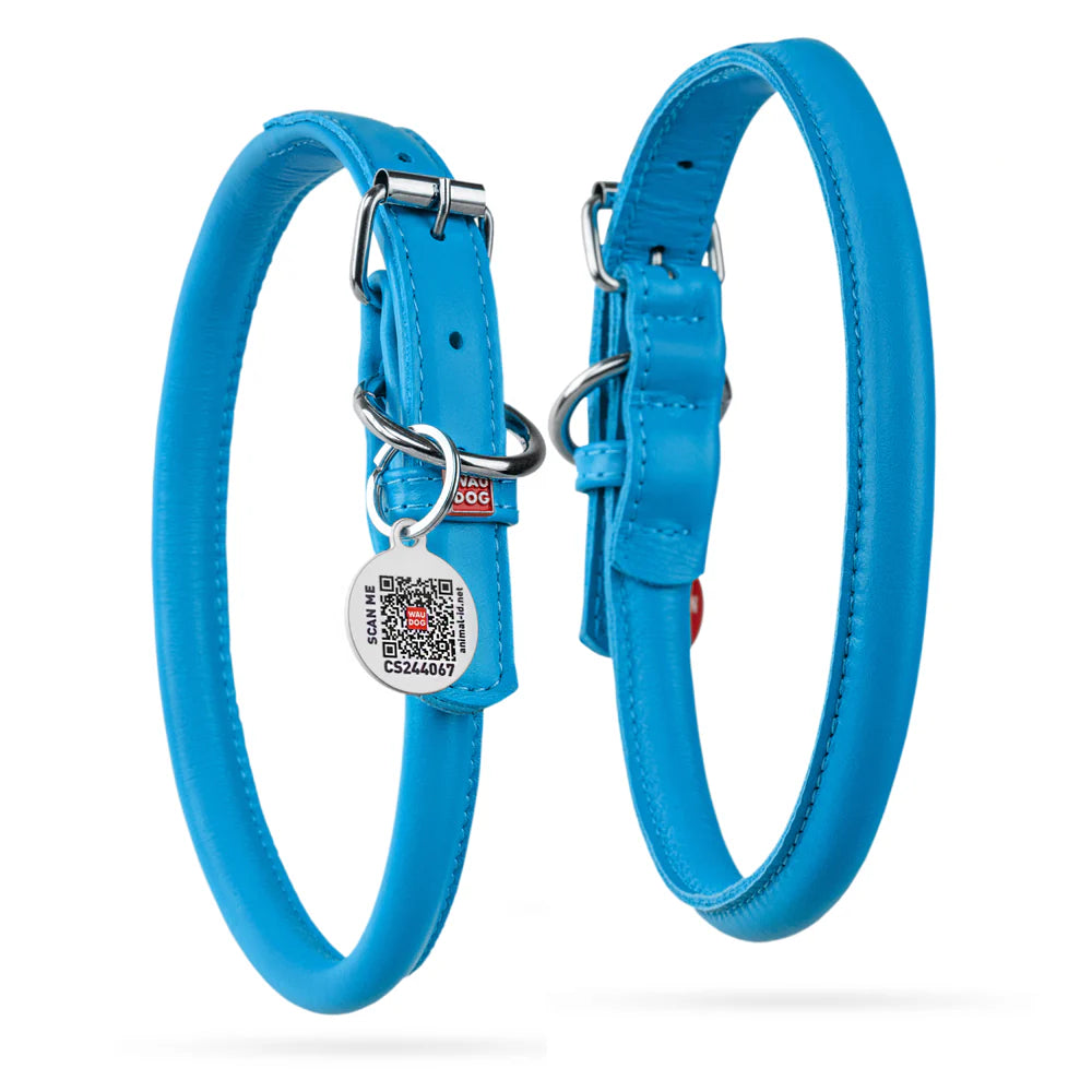 WAUDOG L Rolled Leather Dog Collar Blue with QR 45 to 53 in 1.3 cm