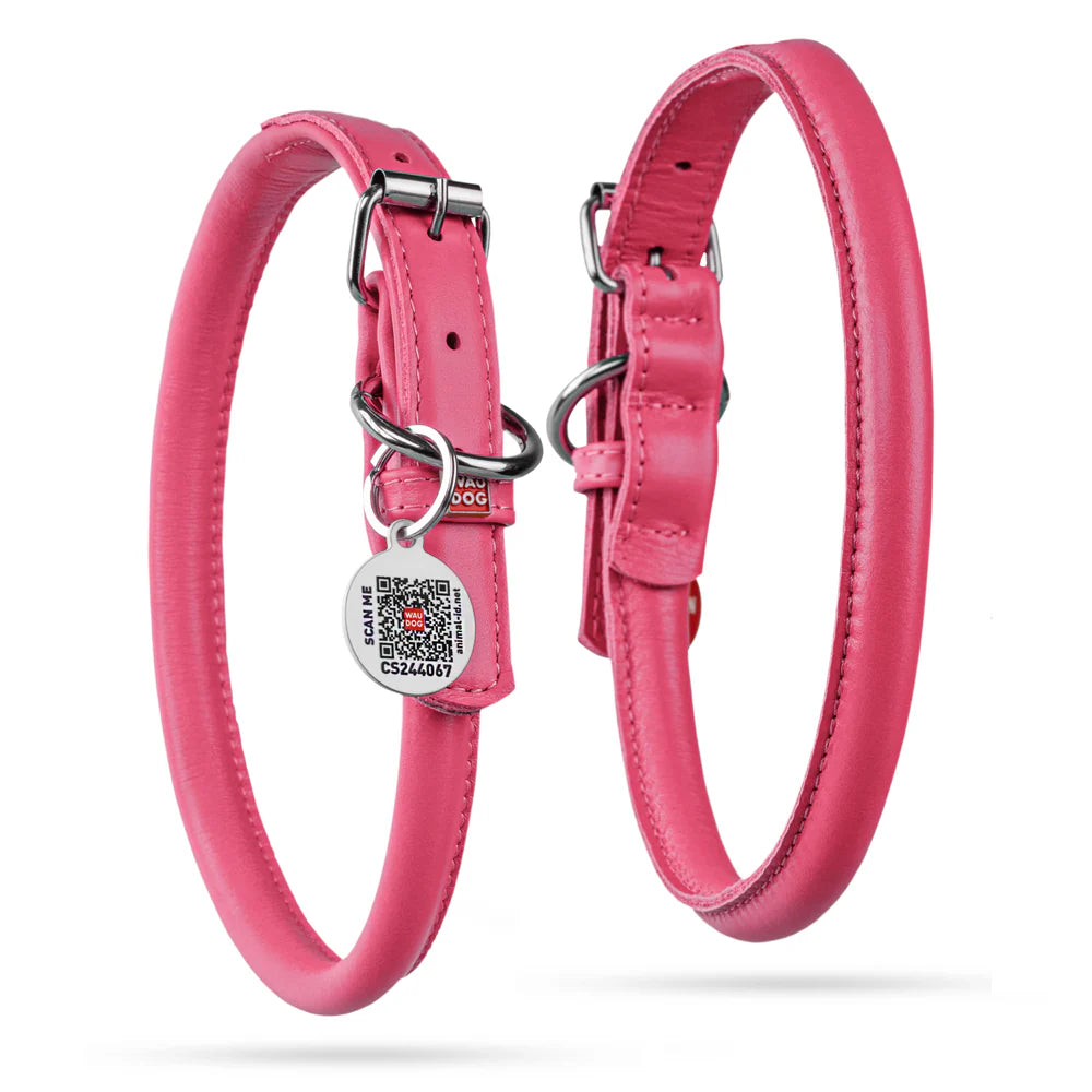 WAUDOG L Rolled Leather Dog Collar Pink with QR 45 to 53 in 1.3 cm