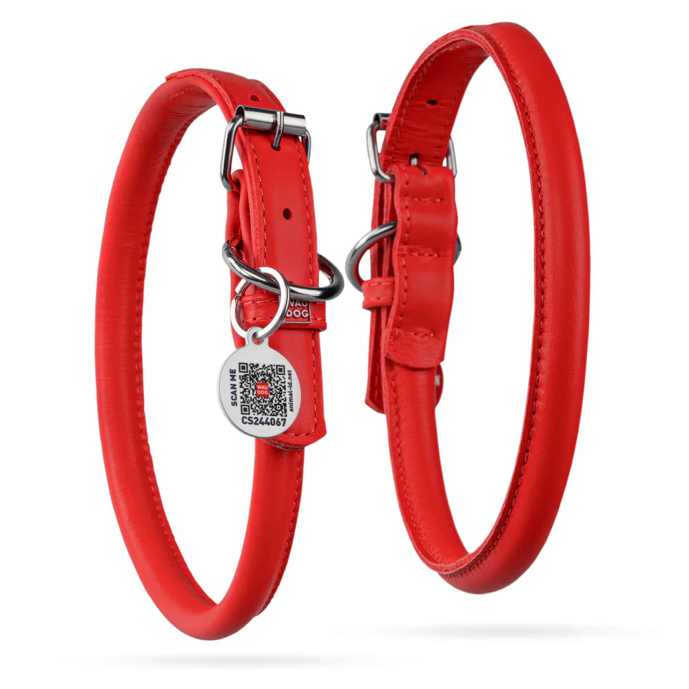 WAUDOG M Rolled Leather Dog Collar Red with QR 39 to 47 in 1 cm