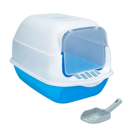 Cat Litter Box with Front Door and Scoop 50.5x34x33cm Enclosed Pet Toilet Blue
