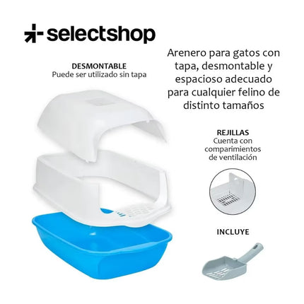 Cat Litter Box with Front Door and Scoop 50.5x34x33cm Enclosed Pet Toilet Blue