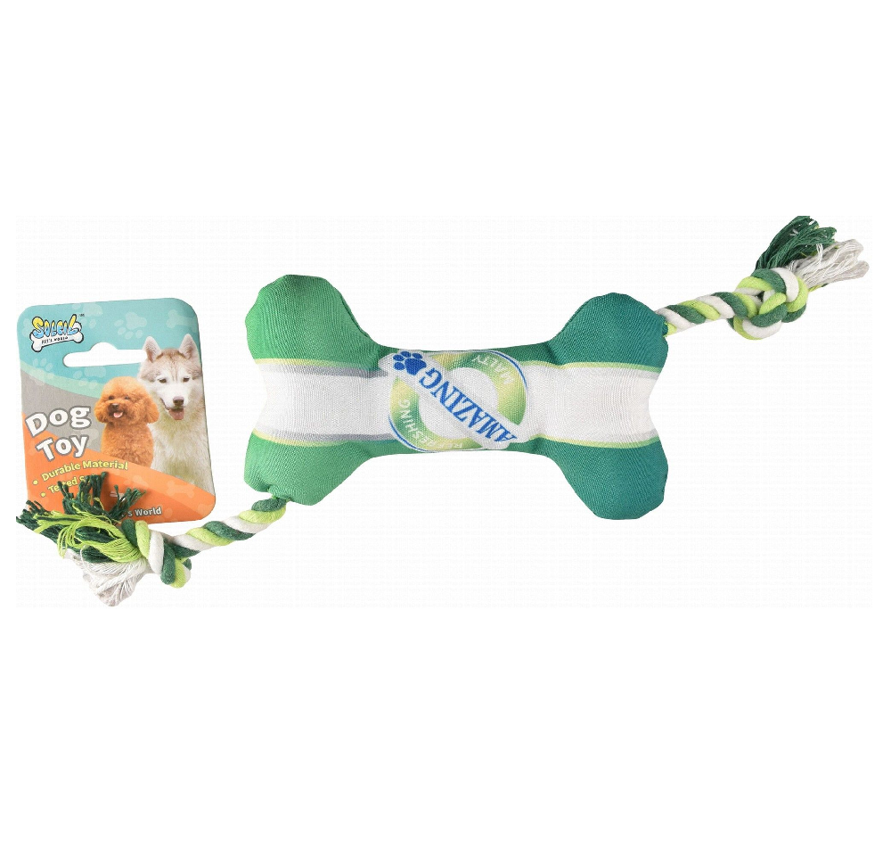 Soleil Green and White Bone Shaped Dog Tug Toy with Rope