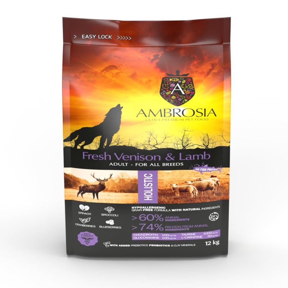 Ambrosia Dry Food with Venison and Lamb for adult Dogs 12k