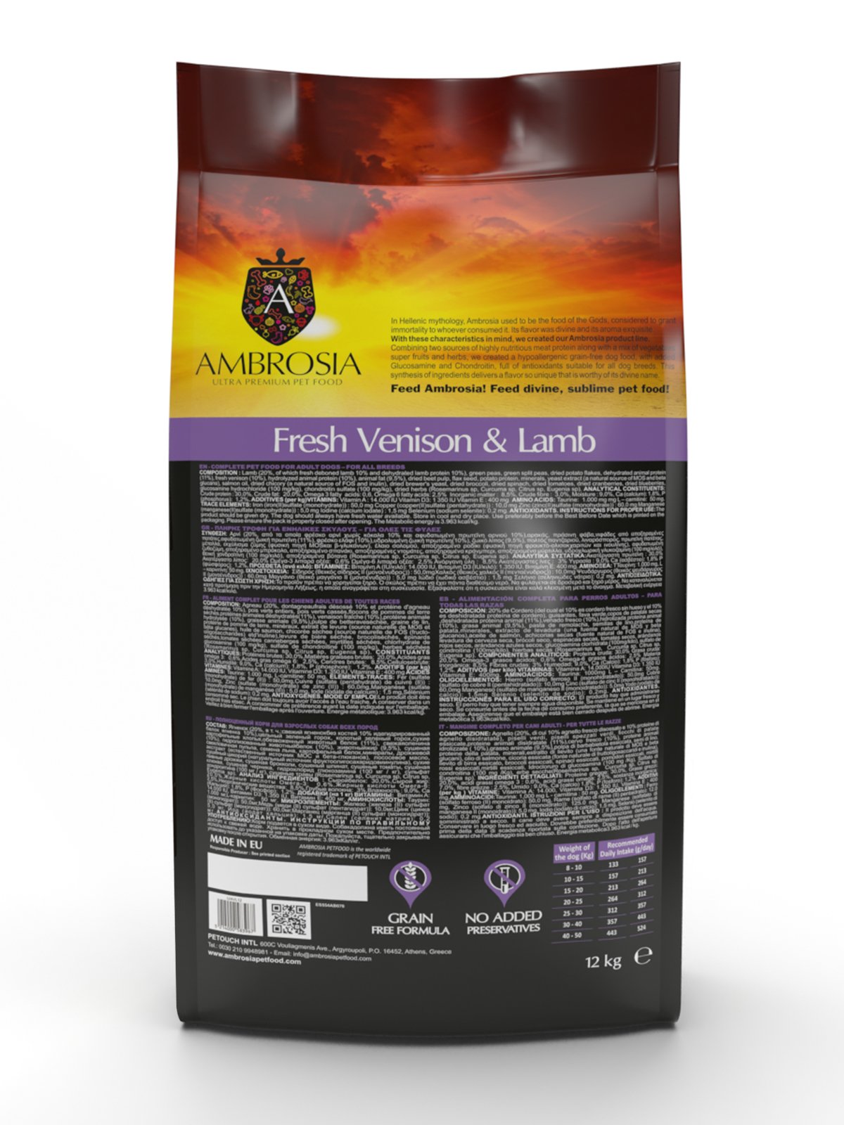 Ambrosia Dry Food with Venison and Lamb for adult Dogs 12k