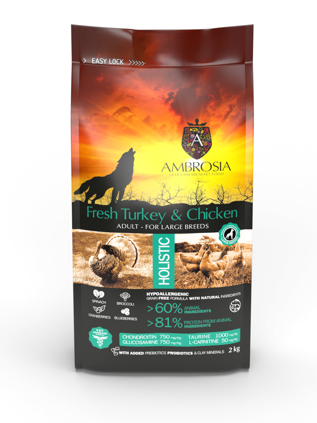 Ambrosia Hypoallergenic Dry Food with Turkey and Chicken for Large Breed Adult Dogs 2 kg