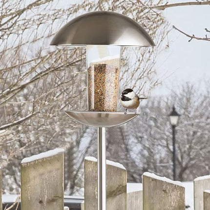 Stainless Steel Standing Bird Feeder With Transparent Seed Container And Dome Roof Height 170 cm