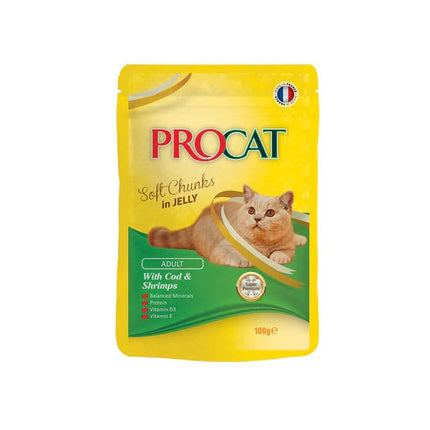 Procat Wet Food Chunks with Cod and Shrimps in Jelly for Adult Cats 100 gr