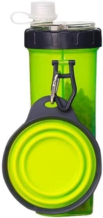 2 in 1 Dog Water Bottle Portable Leak Proof Travel Bottle with Collapsible Silicone Bowl Suitable for Water and Dry Food for Trekking and Hiking Green
