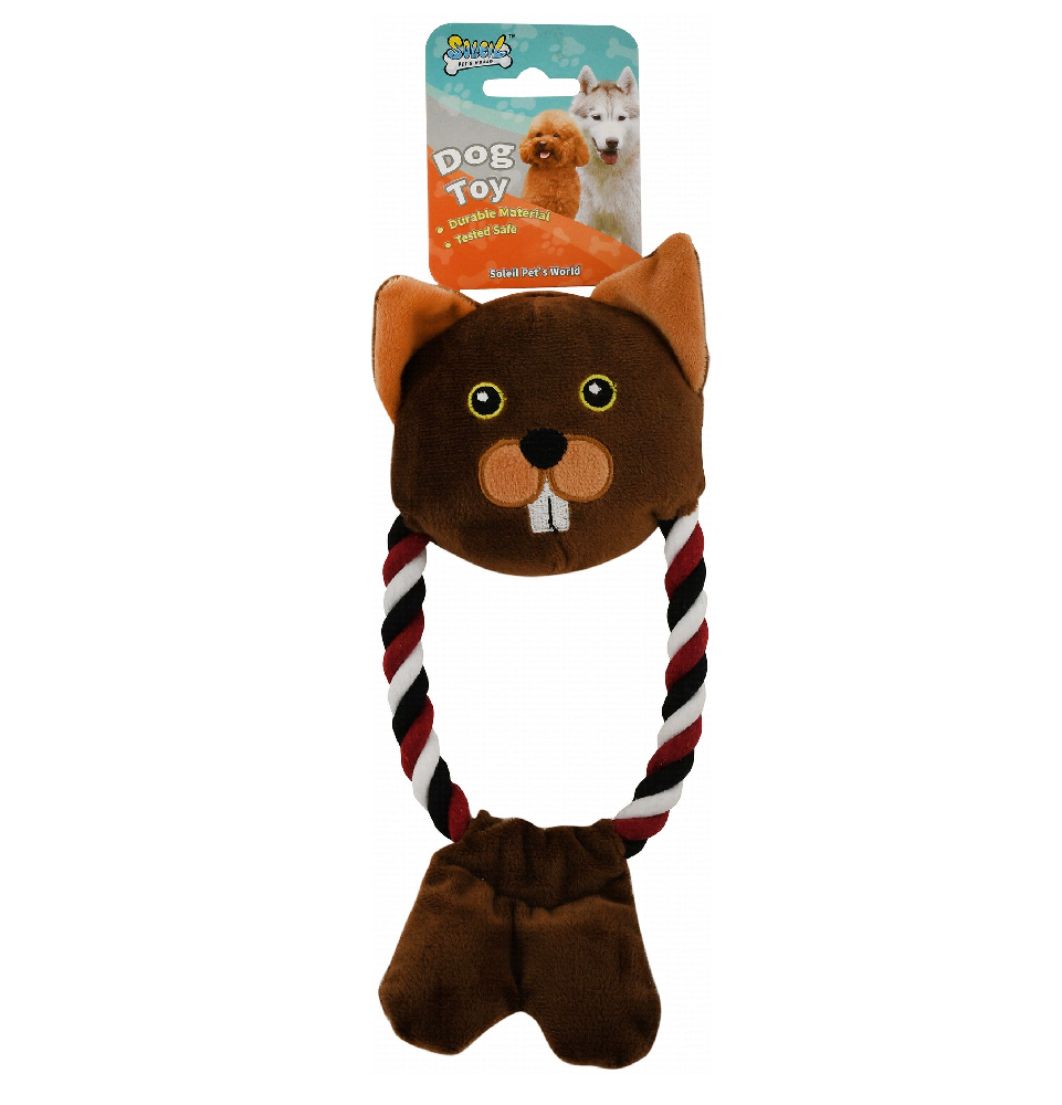 Soleil Brown Beaver Plush Dog Tug Toy with Rope