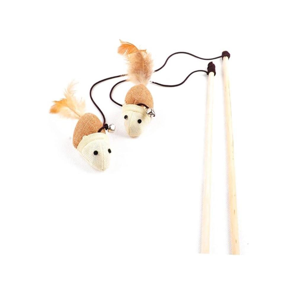 Multicolored Wooden Wand Cat Teaser Toy with Bell and Feather