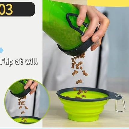 2 in 1 Dog Water Bottle Portable Leak Proof Travel Bottle with Collapsible Silicone Bowl Suitable for Water and Dry Food for Trekking and Hiking Green