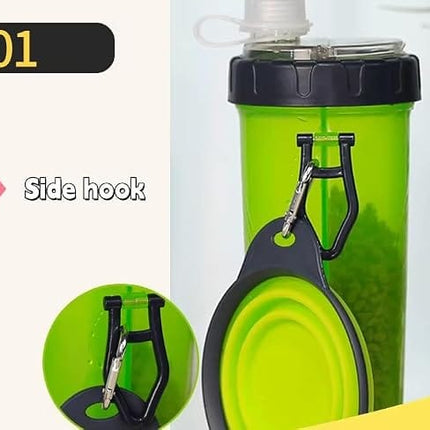 2 in 1 Dog Water Bottle Portable Leak Proof Travel Bottle with Collapsible Silicone Bowl Suitable for Water and Dry Food for Trekking and Hiking Green