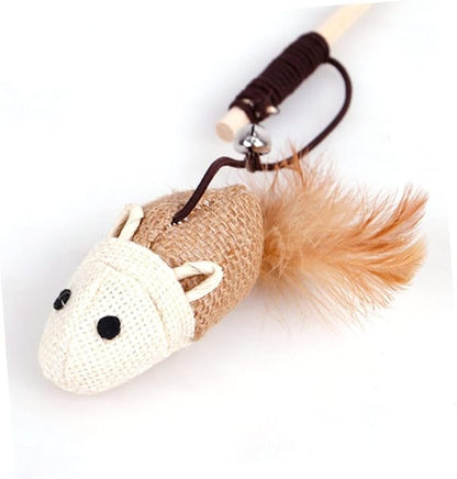 Multicolored Wooden Wand Cat Teaser Toy with Bell and Feather