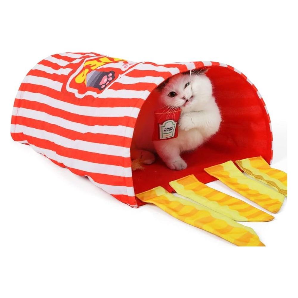 Naomi Red and White Cat Tunnel with Hanging Toy