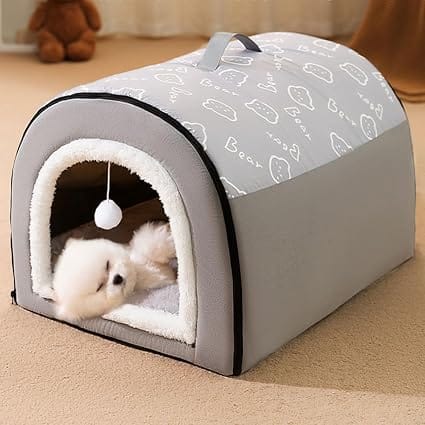 Enclosed Pet Cave House 60x45x37cm Soft Warm Indoor Tent Bed with Hanging Toy for Cats Kittens and Small Dogs Grey
