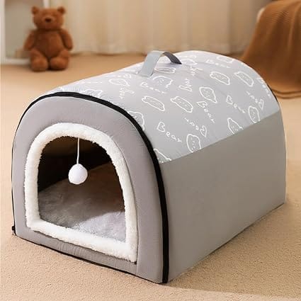 Enclosed Pet Cave House 60x45x37cm Soft Warm Indoor Tent Bed with Hanging Toy for Cats Kittens and Small Dogs Grey