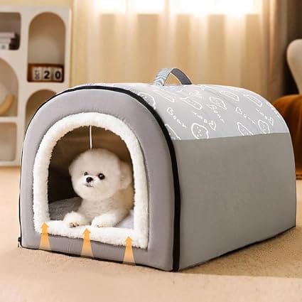 Enclosed Pet Cave House 60x45x37cm Soft Warm Indoor Tent Bed with Hanging Toy for Cats Kittens and Small Dogs Grey