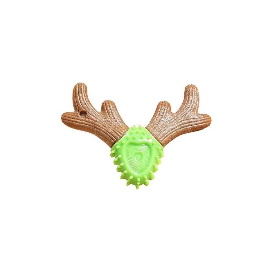 Bone toy for pets made of wood in green and brown