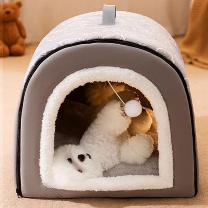 Enclosed Pet Cave House 60x45x37cm Soft Warm Indoor Tent Bed with Hanging Toy for Cats Kittens and Small Dogs Grey