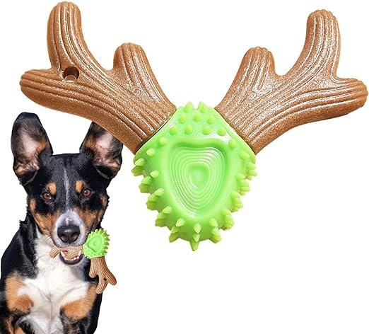 Bone toy for pets made of wood in green and brown