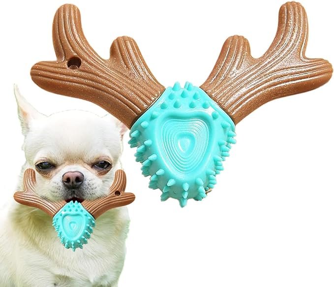 Bone toy for pets made of wood in Turquoise and brown