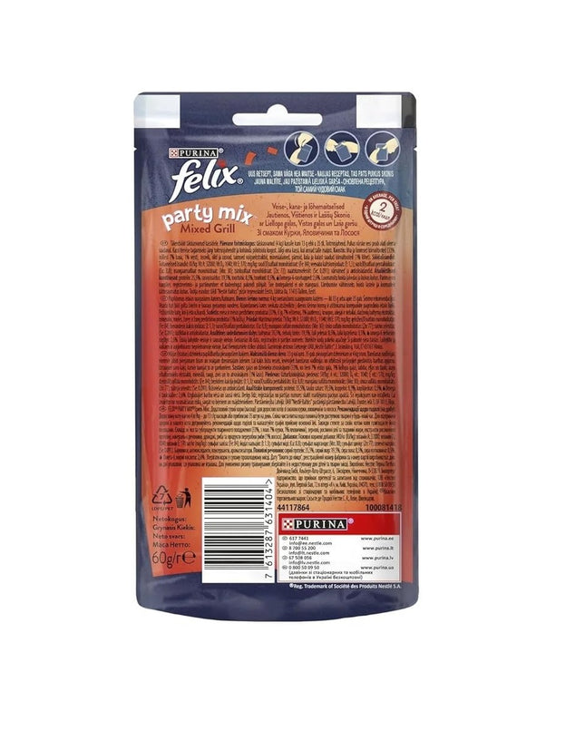 Purina Felix Party Mix Mixed Grill with Chicken Beef and Salmon 60 g Snacks Treats for Cats