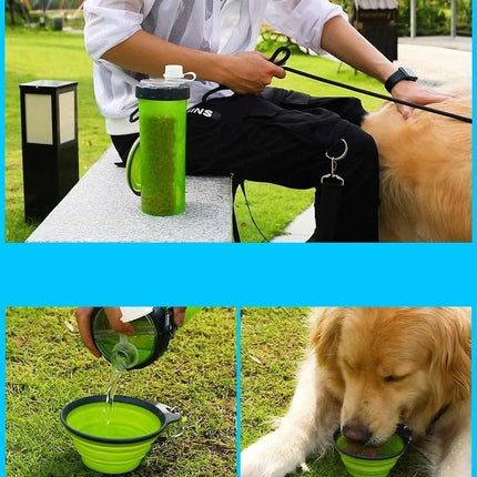 2 in 1 Dog Water Bottle Portable Leak Proof Travel Bottle with Collapsible Silicone Bowl Suitable for Water and Dry Food for Trekking and Hiking Green