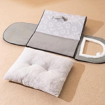 Enclosed Pet Cave House 60x45x37cm Soft Warm Indoor Tent Bed with Hanging Toy for Cats Kittens and Small Dogs Grey