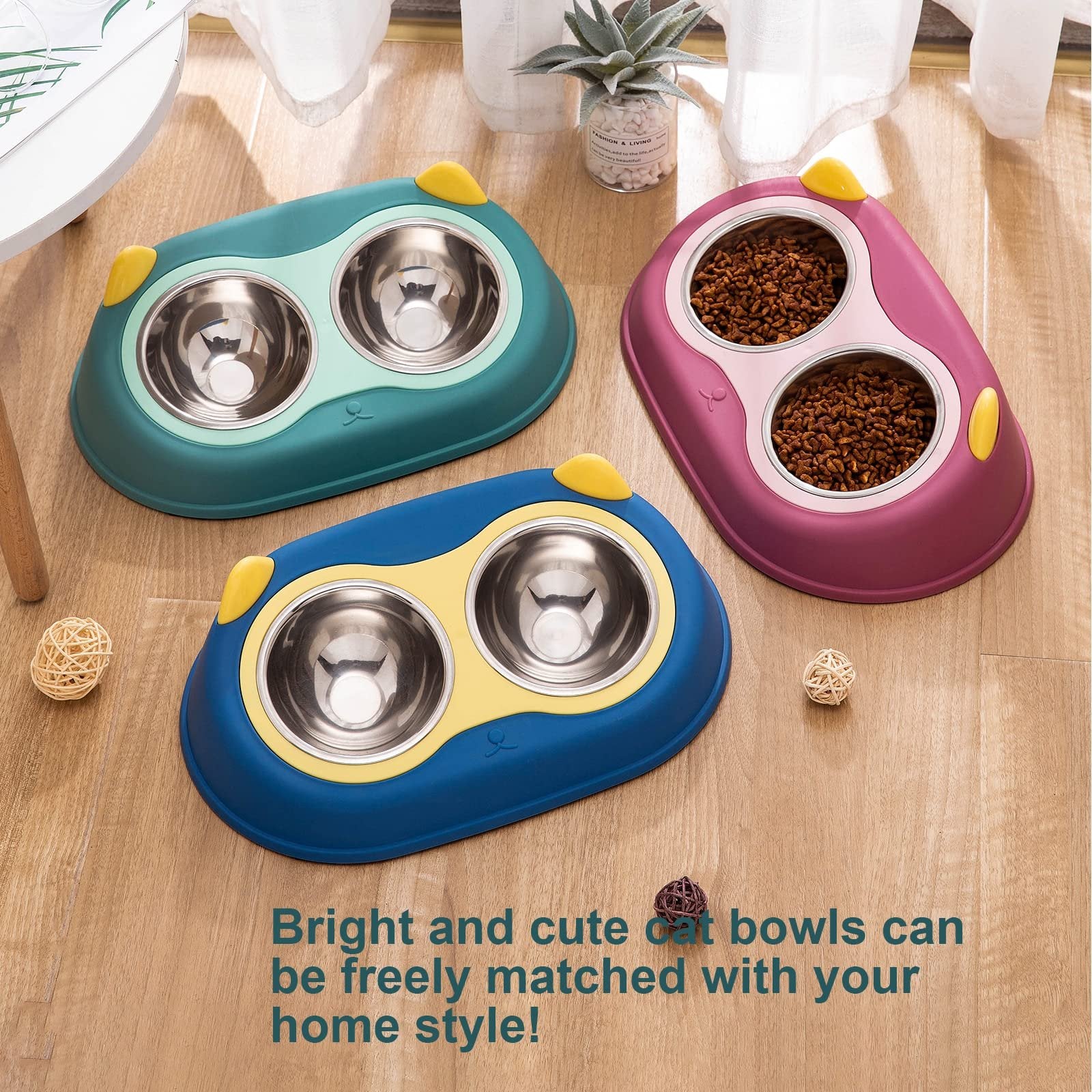 Food and water bowl for cats and dogs with two stainless steel bases 2 pcs