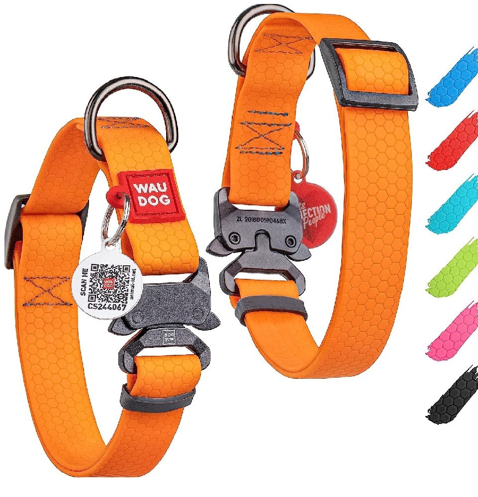 Wau Dog XL Orange Waterproof Dog Collar with ID Tag 35 to 58 in 2.5cm