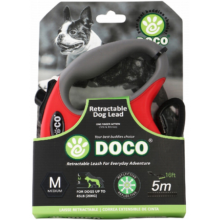 Doco Medium Red and gray 5m Reflective and Retractable Leash for Dogs Up to 20kg