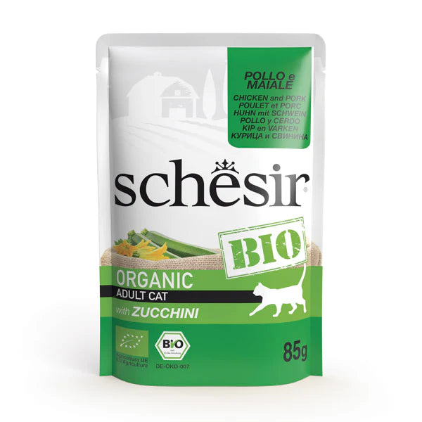 Schesir Bio Organic Wet Food with Chicken, Pork and Zucchini for Adult Cats 85 gr