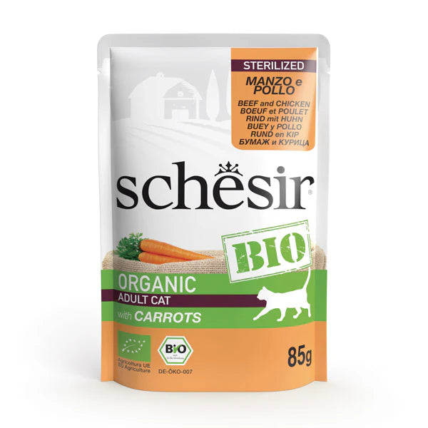 Schesir Bio Organic Wet Food with Beef, Chicken and Carrots for Sterilized Cats 85 gr