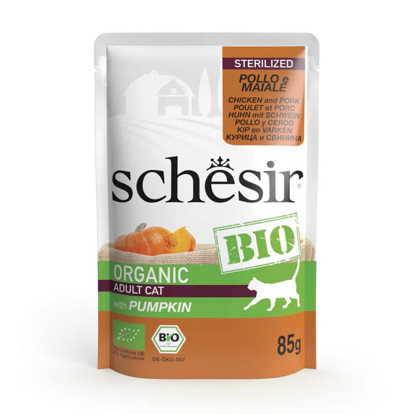 Schesir Bio Organic Wet Food with Chicken, Pork and Pumpkin for Sterilized Adult Cats 85 gr
