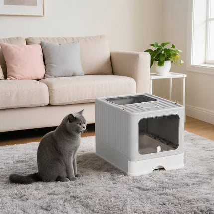 Large Cat Litter Box with Scoop Covered Litter Box with Lid Gray 48x36x36cm