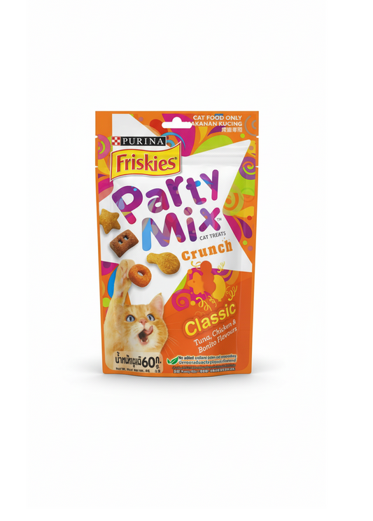 Purina friskies party mix  crunch classic tuna for chicken and bonito flavours 60 g