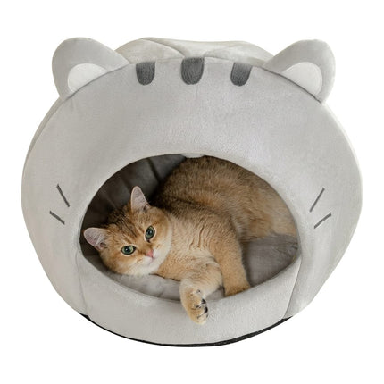 Adorable Cat Shaped Covered Pet House Soft Fluffy Enclosed Cave Bed for Cats and Small Dogs Size S