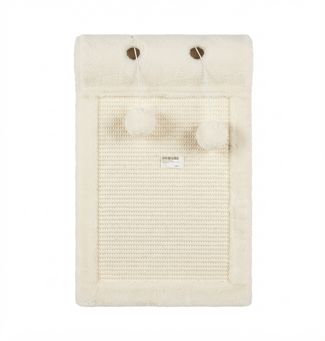 Wooden Cat Scratching Board with Sisal and Pom-Pom Toy white