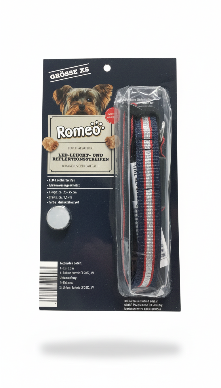 Romeo Dog collar with LED light and reflective strips, flashing mode or continuous light Size XS