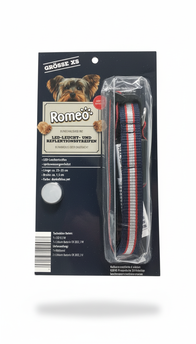 Romeo Dog collar with LED light and reflective strips, flashing mode or continuous light Size XS